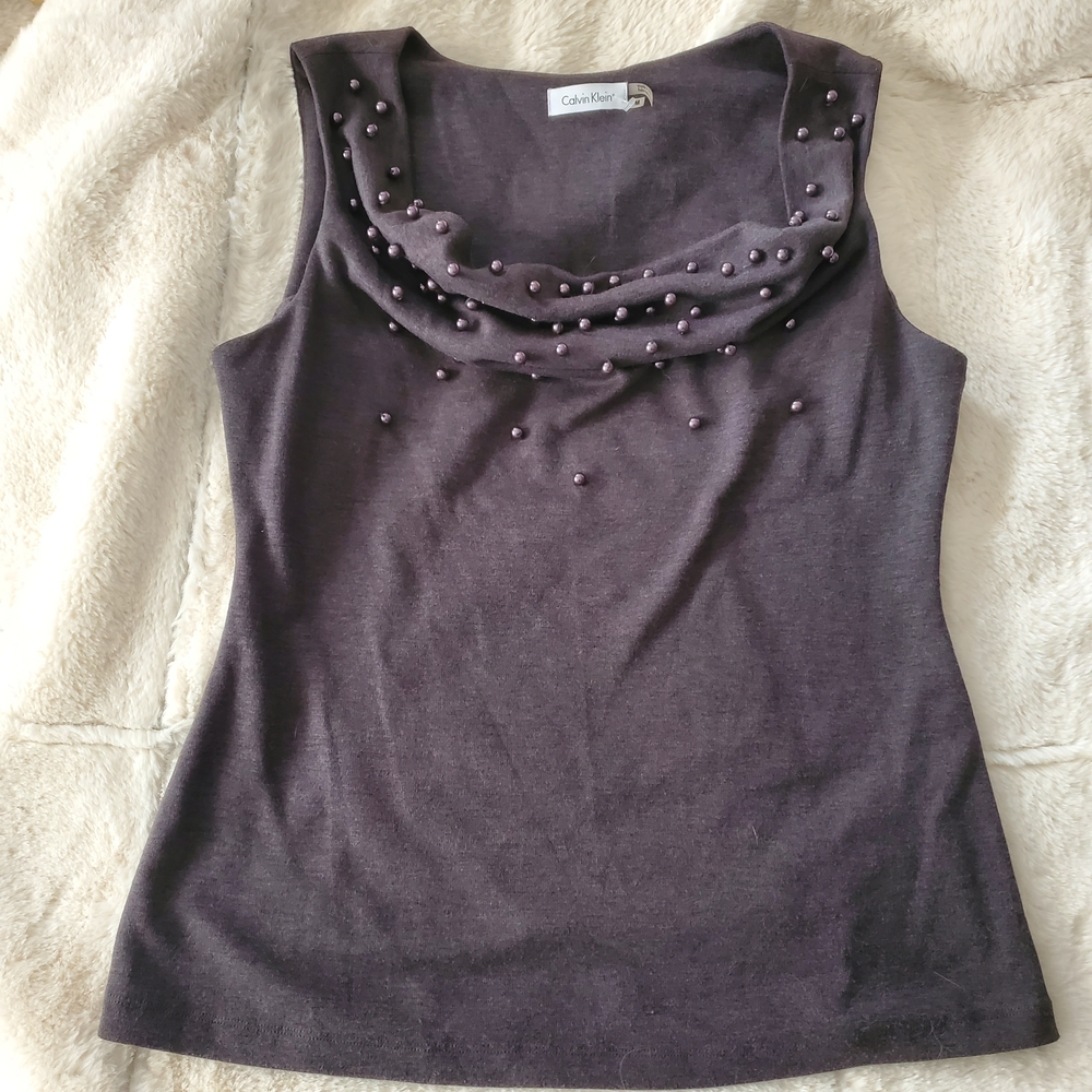 Calvin Klein Charcoal Beaded Cowl Neck Tank Top
